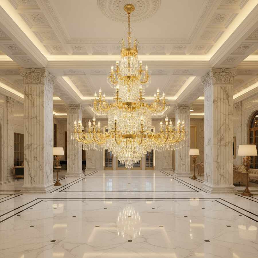 Lustre en cristal CC8043/600H1800GD, diamètre 60 cm, hauteur 180 cm, or brillant, hauteur réglable, design élégant