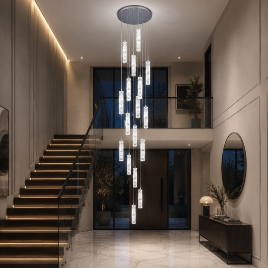 Lustre LED en Cristal AMIRI 82W Chrome, Lumière Chaude/Neutre/Froide 3000K/4000K/6000K Amiri, Diamètre 40cm x Hauteur 300cm, Cristal et Métal