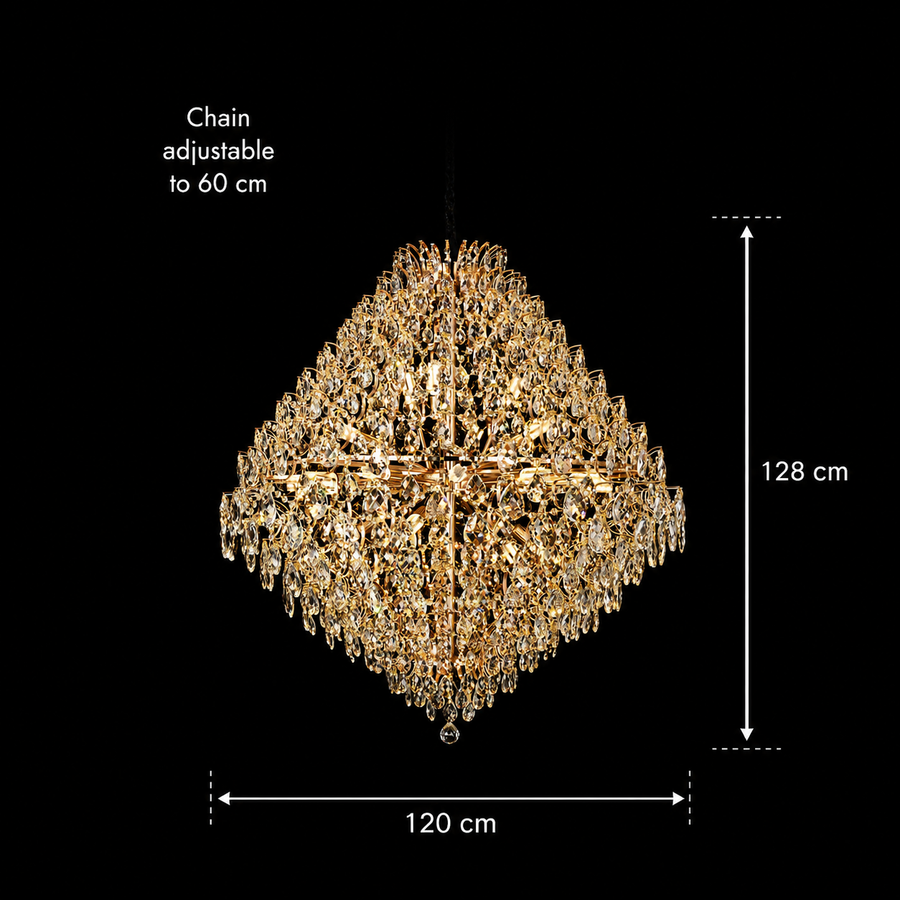 KONIG Grande Lustre en Cristal, 32xE14, D120 cm, Doré, Hauteur réglable, Métal et Cristal