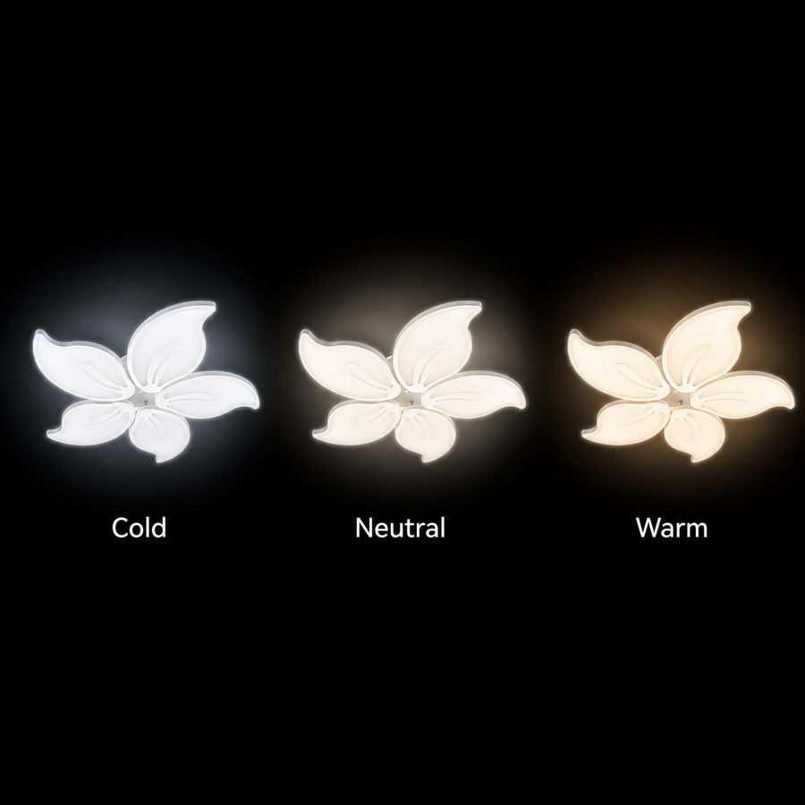 Lustre LED avec télécommande JASMINE 66W, 5 pétales, Lumière Froide/Chaude/Neutre, Dimmable, Blanc