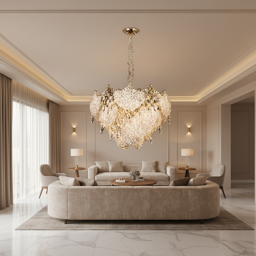 Candelabru Cristal LUXE Magno, 21xE14, Diametru 60cm, Inaltime 40cm, Auriu Lucios, Inaltime Reglabila, Design Elegant