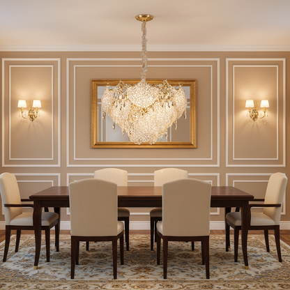 Candelabru Cristal LUXE Magno, 21xE14, Diametru 60cm, Inaltime 40cm, Auriu Lucios, Inaltime Reglabila, Design Elegant