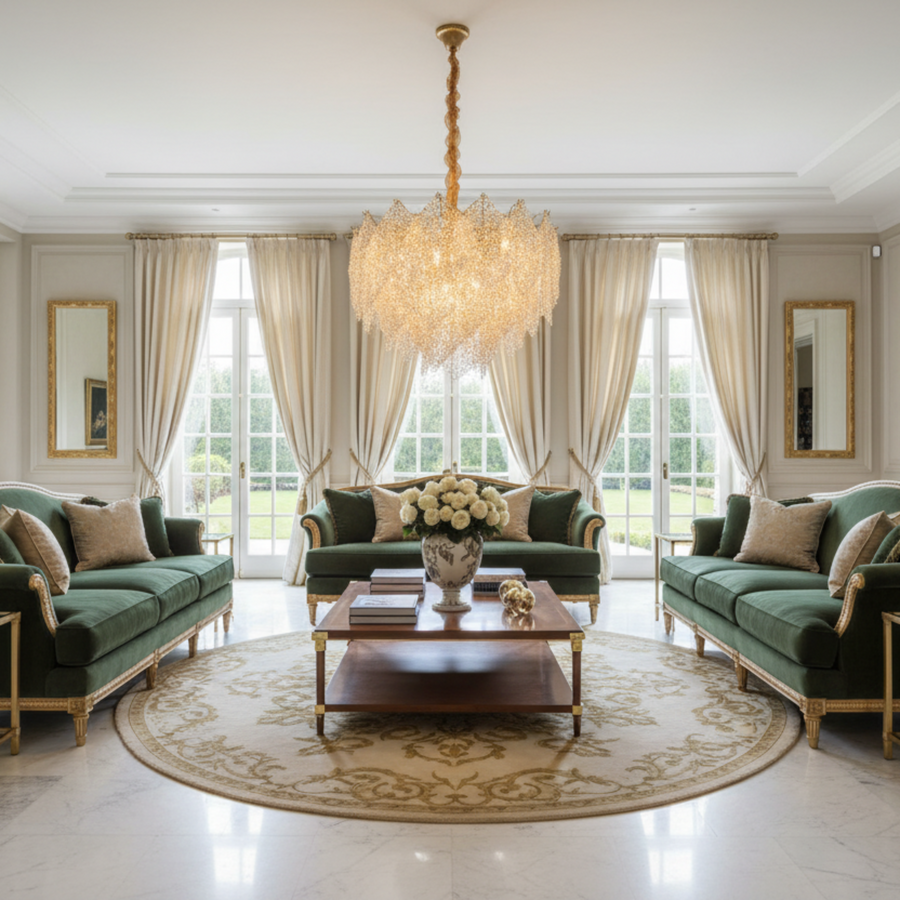 Candelabru Cristal LACE Eleganza 9xE14, Diametru 50cm, Inaltime 36cm, Auriu Lucios, Inaltime Reglabila, Design Elegant