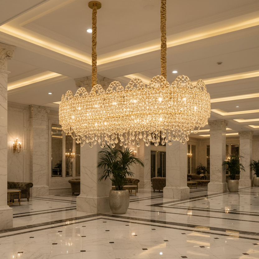 Candelabru Cristal CROWN Supremo 11xE14, Dimensiune 80x30 cm, Inaltime 33 cm, Auriu Lucios, Inaltime Reglabila, Design Elegant