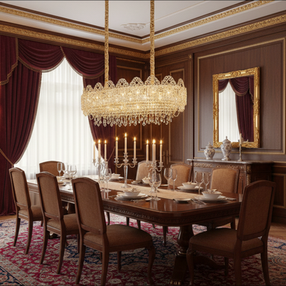 Candelabru Cristal CROWN Supremo 11xE14, Dimensiune 80x30 cm, Inaltime 33 cm, Auriu Lucios, Inaltime Reglabila, Design Elegant