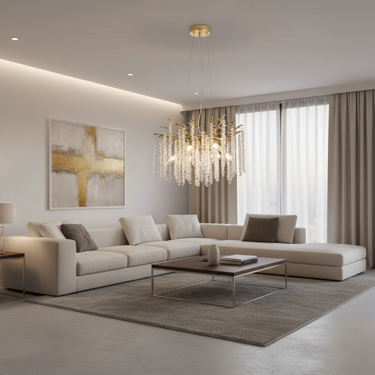 Candelabru Cristal ARBUS Eleganza, Φ50cm, 6xE14, Auriu, Metal si Cristal