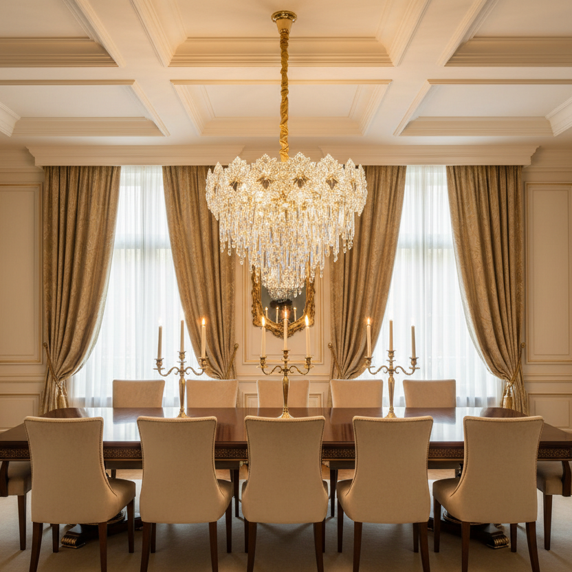Candelabru Cristal FLEUR Eleganza 9xE14, Diametru 50cm, Inaltime 40cm, Auriu Lucios, Inaltime Reglabila, Design Elegant