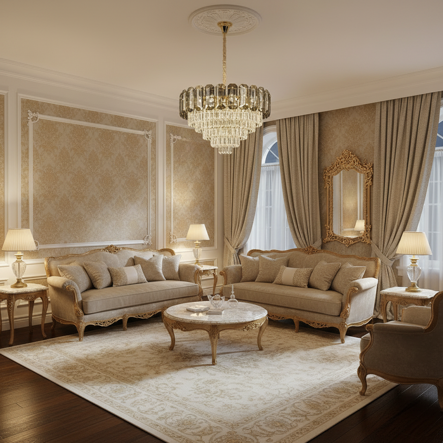 Candelabru Cristal AURUM Nobile 9xE14, Diametru 40cm, Inaltime 30cm, Auriu Lucios, Inaltime Reglabila, Design Elegant