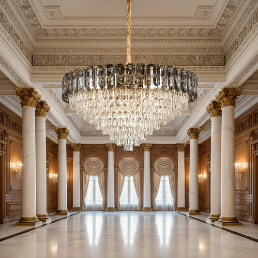 Candelabru Cristal AURUM Regalis 22xE14, Diametru 80cm, Inaltime 55cm, Auriu Lucios, Inaltime Reglabila, Design Elegant