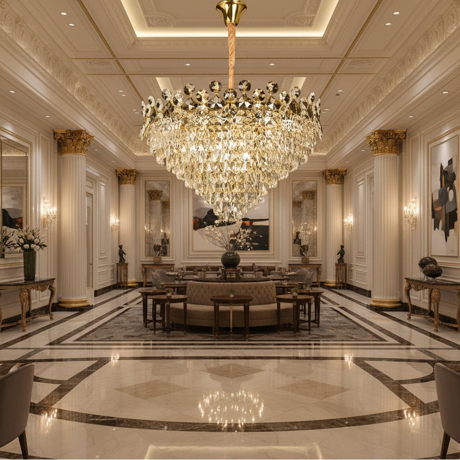 Candelabru Cristal ACE Regalis 22xE14, Diametru 80cm, Inaltime 40cm, Auriu Lucios, Inaltime Reglabila, Design Elegant