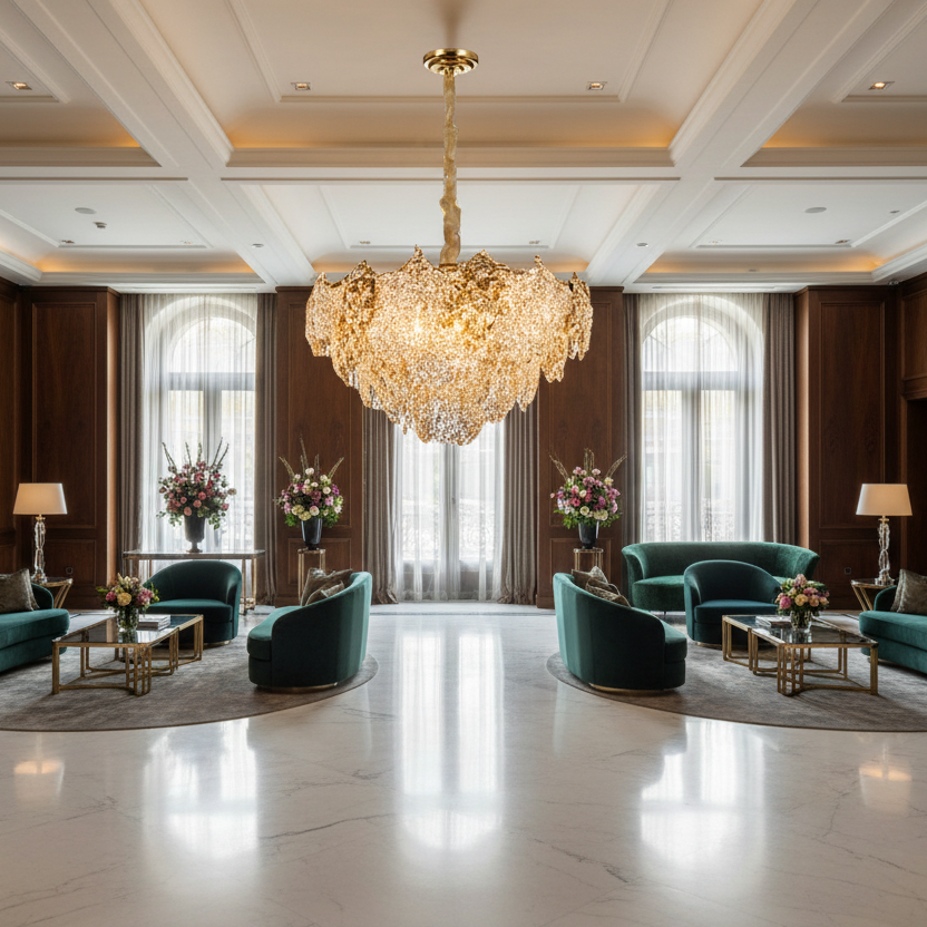 Candelabru Cristal LUXE Regalis, 21xE14, Diametru 80cm, Inaltime 45cm, Auriu Lucios, Inaltime Reglabila, Design Elegant