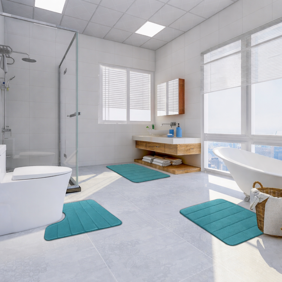 Lot de 3 tapis de bain, 50x40 cm, bleu, antidérapant