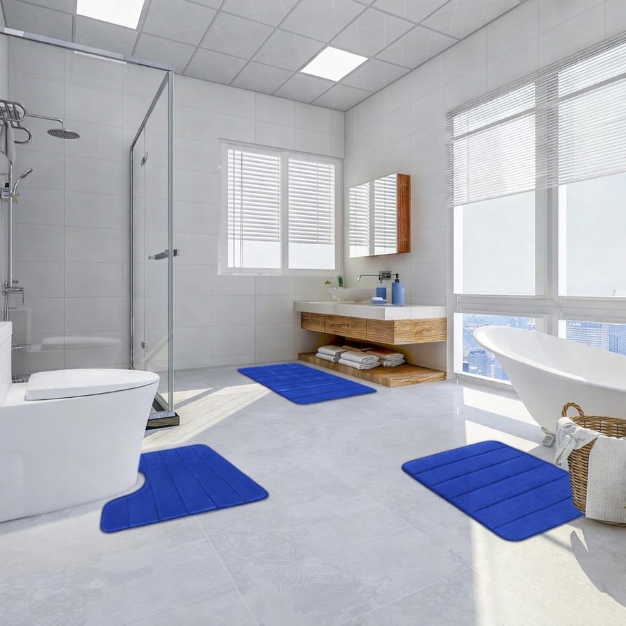 Lot de 3 tapis de bain, 50x40 cm, bleu, antidérapant