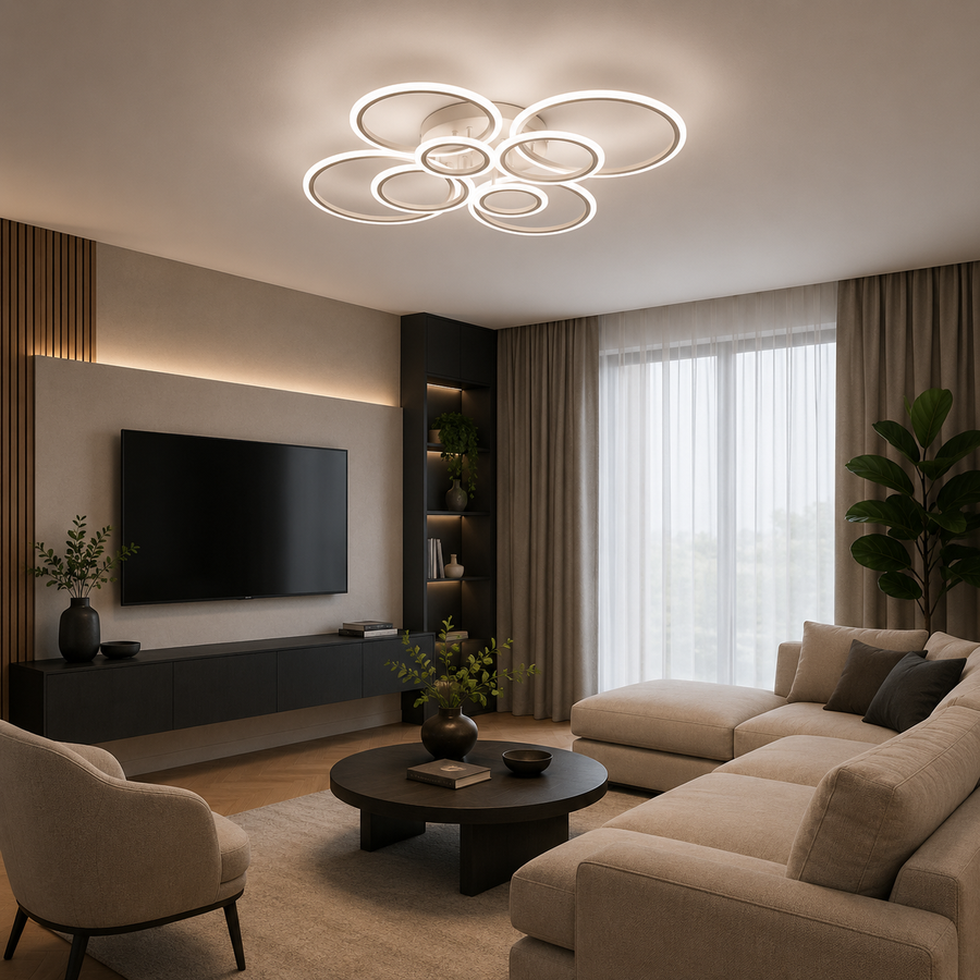 Lustre LED avec télécommande BETTY 127W, 8 Cercles, Lumière Froide/Chaude/Neutre, Dimmable, Blanc