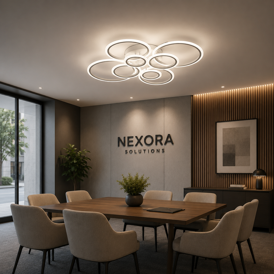 Lustre LED avec télécommande BETTY 127W, 8 Cercles, Lumière Froide/Chaude/Neutre, Dimmable, Blanc