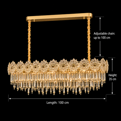 Candelabru Cristal FLEUR Supremo 14xE14, Dimensiune 100x35 cm, Inaltime 35 cm, Auriu Lucios, Inaltime Reglabila, Design Elegant