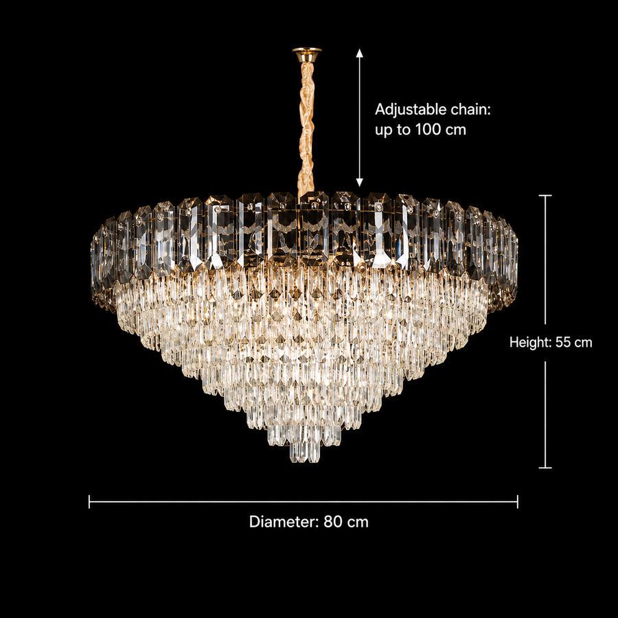 Candelabru Cristal AURUM Regalis 22xE14, Diametru 80cm, Inaltime 55cm, Auriu Lucios, Inaltime Reglabila, Design Elegant