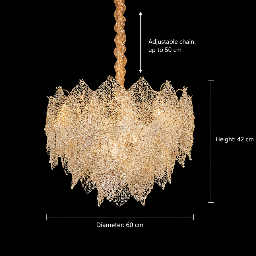 Candelabru Cristal LACE Magno 11xE14, Diametru 60cm, Inaltime 42cm, Auriu Lucios, Inaltime Reglabila, Design Elegant