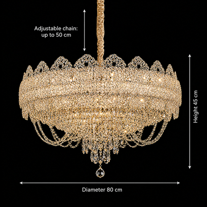 Candelabru Cristal CROWN Regalis 21xE14, Diametru 80cm, Inaltime 45cm, Auriu Lucios, Inaltime Reglabila, Design Elegant