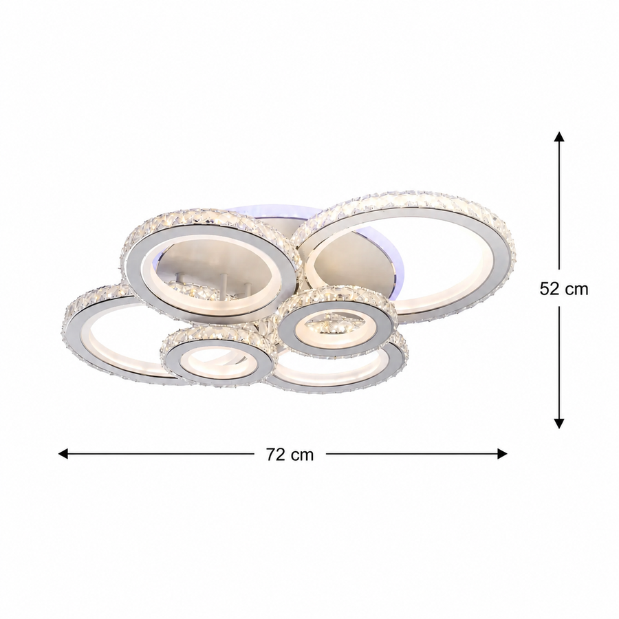 Lustre LED avec télécommande et cristal NOVA ROTONDA RGB 145W, 6 Cercles, Lumière Froide/Chaude/Neutre, Dimmable, Blanc
