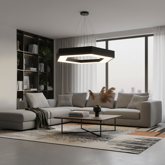 Lustre LED suspendu ANGLE, 52cm, 25W, Hauteur réglable, Lumière froide, Noir, Métal et Acrylique