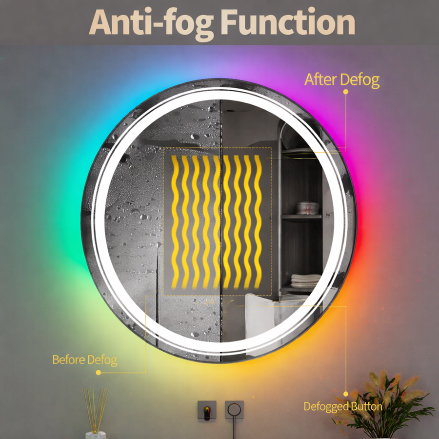 Miroir LED rond, 70 cm, Celeste MotionGlow Marcello, lumière RVB, haut-parleur Bluetooth, système anti-buée, horloge et thermomètre, intensité variable 70X70BTRGB