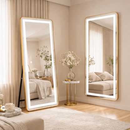 Miroir LED rectangulaire, cadre doré, 50x160cm, intensité variable, lumière froide/chaude/neutre, Dressing Couture