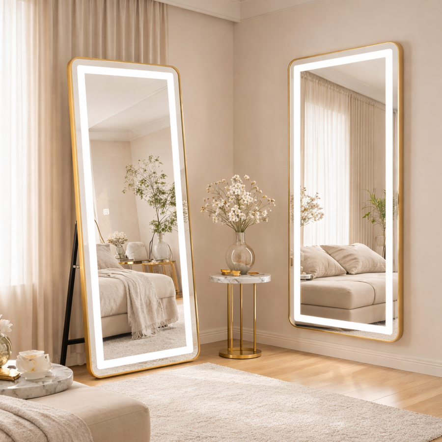 Miroir LED rectangulaire, cadre doré, 50x160cm, intensité variable, lumière froide/chaude/neutre, Dressing Couture