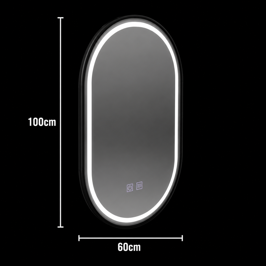 Miroir ovale LED 60 x 100 cm, système anti-buée à intensité variable VETRO Touch, cadre noir
