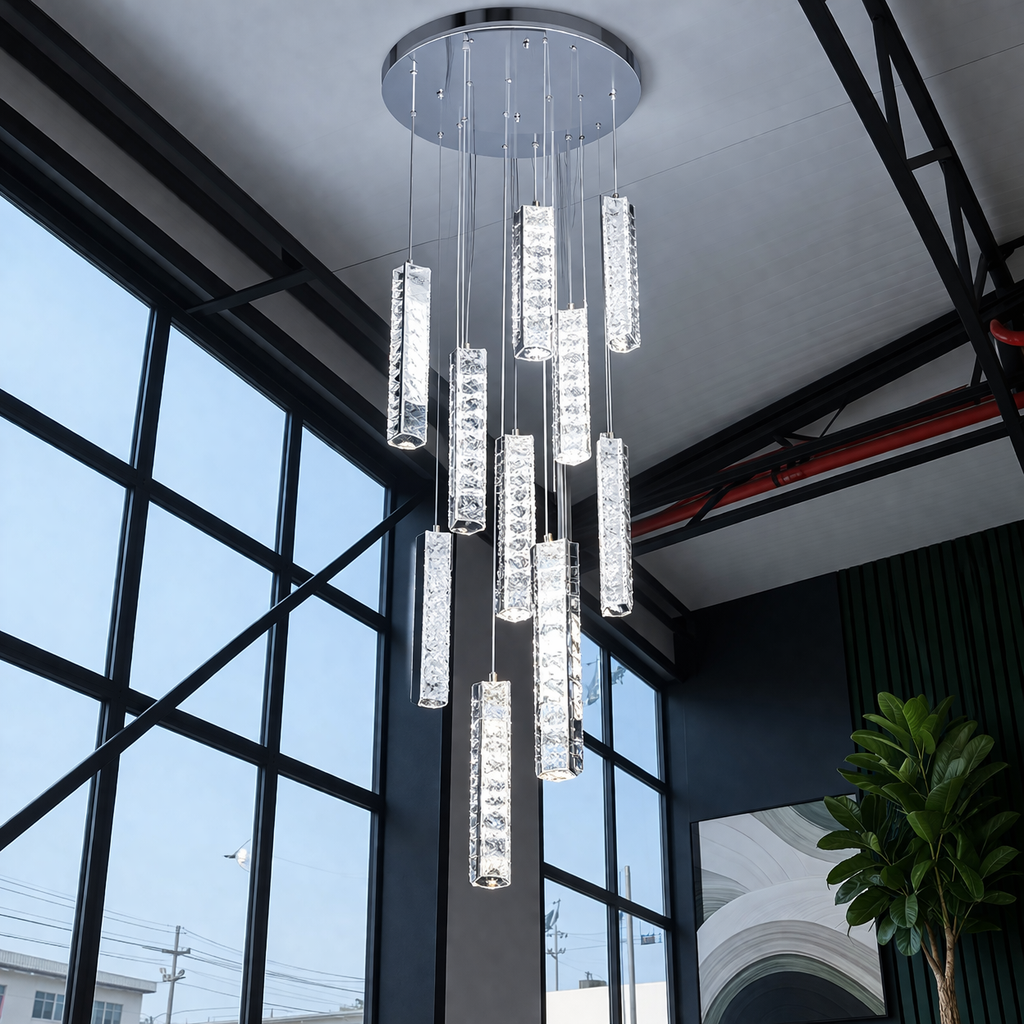 Candelabru Cristal LED AMIRI 82W Crom, Lumina Calda/Neutra/Rece 3000K/4000K/6000K Amiri, Diametru 40cm x Inaltime 300cm, Cristal si Metal Candelabre Cristal Default Title Alessandro Design