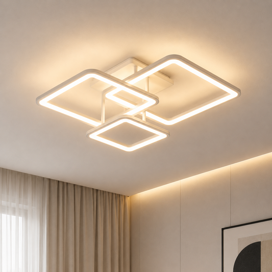 Lustre LED avec télécommande ZOE, 60W, 3 Carrés, Lumière Froid/Chaud/Neutre, Dimmable, Blanc, Métal et Acrylique