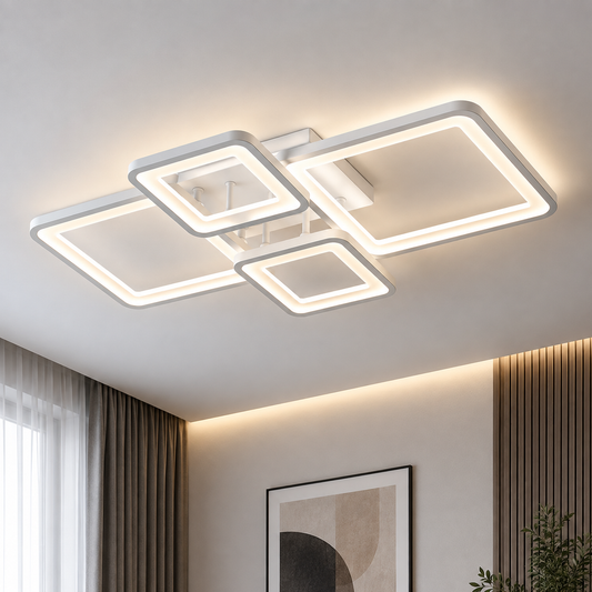 Lustre LED avec télécommande ELLA 67W, 4 Carrés, Lumière Froide/Chaude/Neutre, Dimmable, Blanc, Métal et Acrylique
