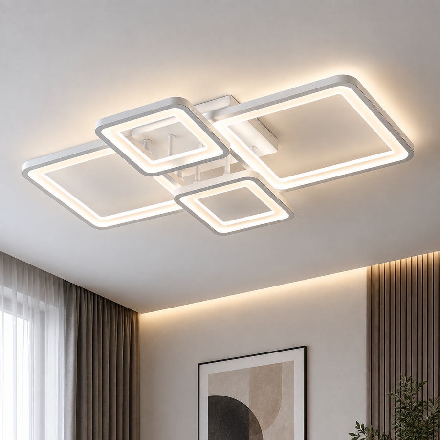 Lustre LED avec télécommande ELLA 67W, 4 Carrés, Lumière Froide/Chaude/Neutre, Dimmable, Blanc, Métal et Acrylique