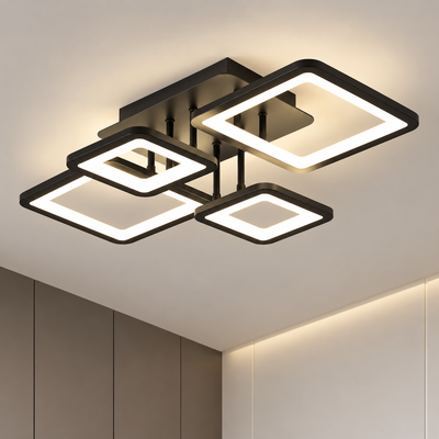 Lustre LED avec télécommande ELLA 67W, 4 Carrés, Lumière Froide/Chaude/Neutre, Dimmable, Noir, Métal et Acrylique