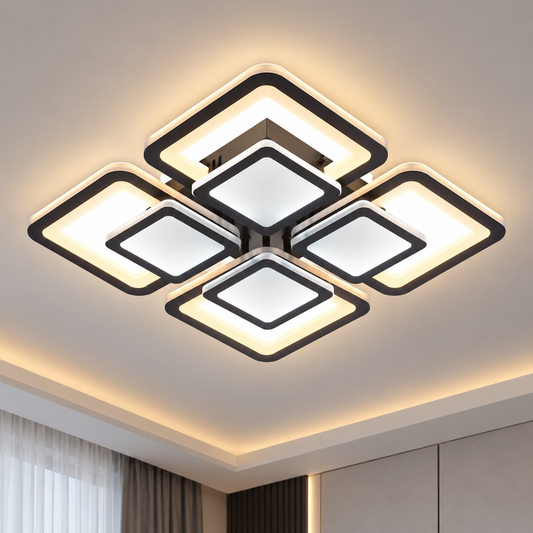 Lustre LED avec télécommande SUSAN 96W, 4 Carrés, Lumière Froide/Chaude/Neutre, Dimmable, Noir