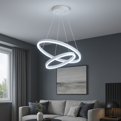 Lustre LED suspendu avec télécommande CASIANA 41W, 2 Cercles, Lumière Froide/Chaude/Neutre, Dimmable, Blanc, Hauteur Réglable