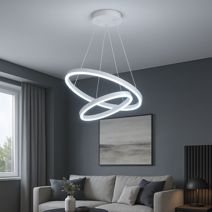 Lustre LED suspendu avec télécommande CASIANA 41W, 2 Cercles, Lumière Froide/Chaude/Neutre, Dimmable, Blanc, Hauteur Réglable