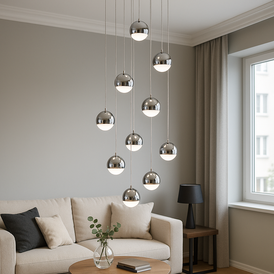 Lustre LED suspendu avec télécommande JEREMIAS 132W, 10 éléments, lumière froide/chaude/neutre, variable, argent Lustres modernes Titre par défaut Alessandro Design