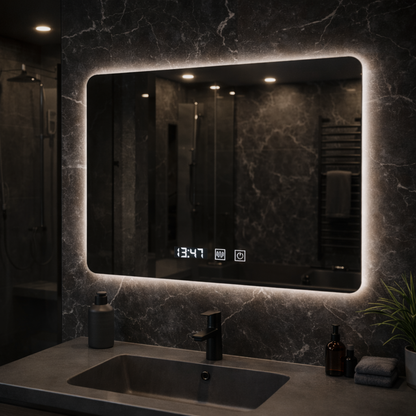 Miroir LED rectangulaire ARTAR Touch, 80x60 cm, système de désembuage, intensité variable, horloge et température, lumière froide neutre et chaude 3000K/4000K/6000K