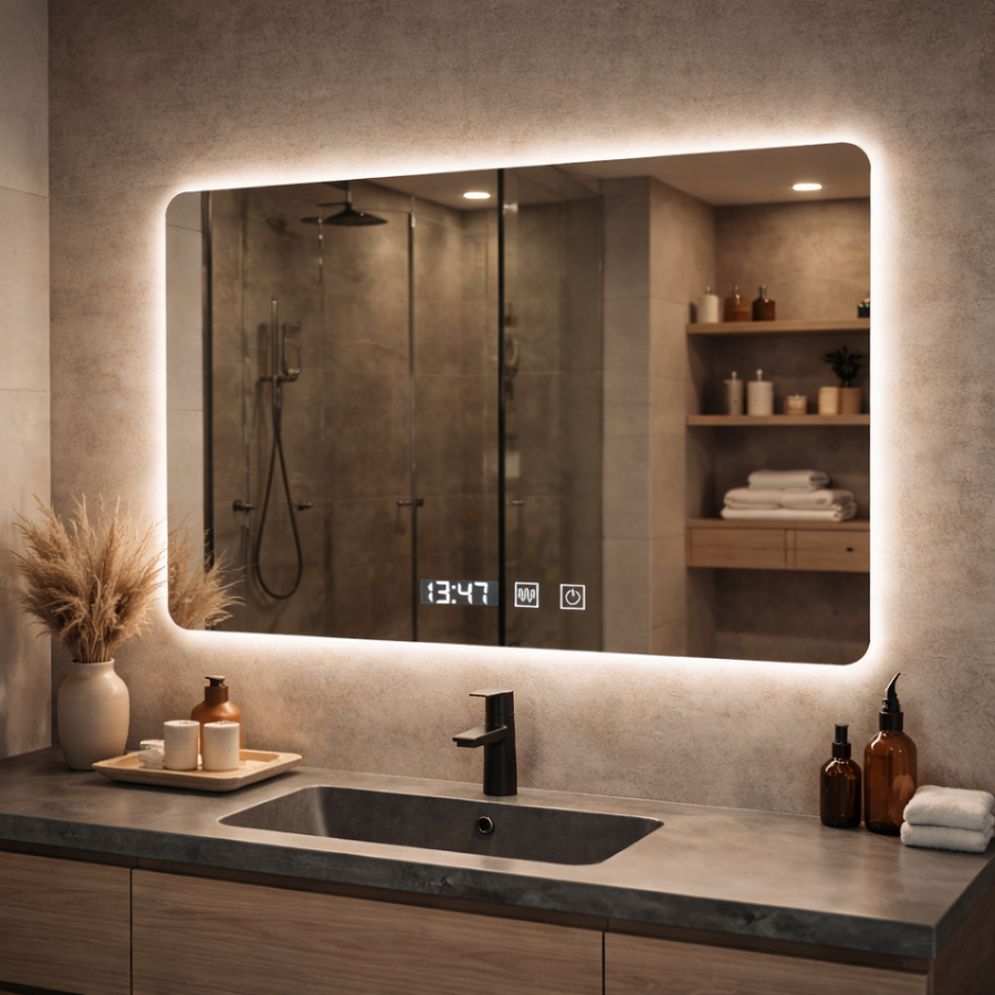 Miroir LED rectangulaire ARTAR Touch, 80x60 cm, système de désembuage, intensité variable, horloge et température, lumière froide neutre et chaude 3000K/4000K/6000K