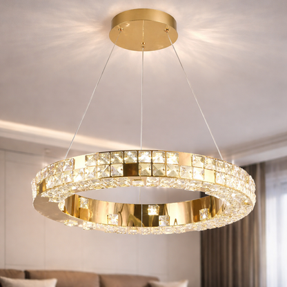 Lustre LED avec télécommande, LLC135/1GD, cristal et métal, 29 W, 1 cercle, intensité variable, hauteur réglable, lumière froide/chaude/neutre, éclairage luxueux