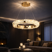 Lustre LED avec télécommande, LLC135/1GD, cristal et métal, 29 W, 1 cercle, intensité variable, hauteur réglable, lumière froide/chaude/neutre, éclairage luxueux