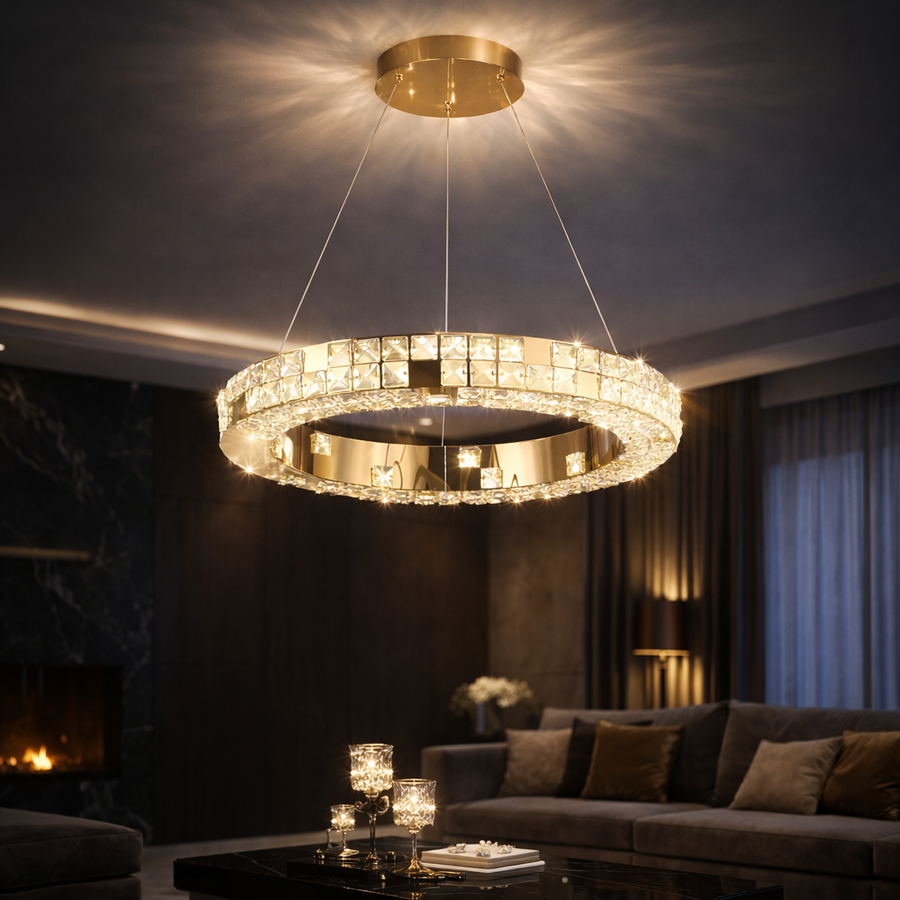 Lustre LED avec télécommande, LLC135/1GD, cristal et métal, 29 W, 1 cercle, intensité variable, hauteur réglable, lumière froide/chaude/neutre, éclairage luxueux