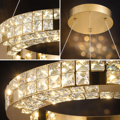 Lustre LED avec télécommande, LLC135/1GD, cristal et métal, 29 W, 1 cercle, intensité variable, hauteur réglable, lumière froide/chaude/neutre, éclairage luxueux