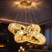 Lustre LED avec télécommande, LLC135/2GD, cristal et métal, 55 W, 2 cercles, intensité variable, hauteur réglable, lumière froide/chaude/neutre 3000 K/4000 K/6000 K, éclairage luxueux