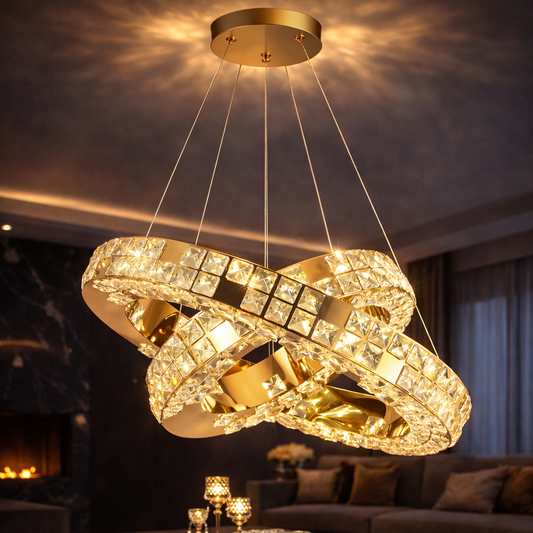 Lustre LED avec télécommande, LLC135/2GD, cristal et métal, 80 W, 2 cercles, intensité variable, hauteur réglable, lumière froide/chaude/neutre 3000 K/4000 K/6000 K, éclairage luxueux