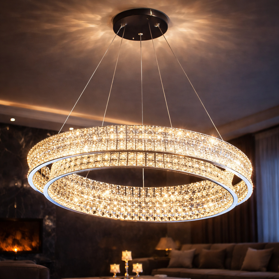 Lustre LED avec télécommande, LLC160/500CH, cristal et métal, 55 W, 1 cercle, intensité variable, hauteur réglable, lumière froide/chaude/neutre, éclairage luxueux