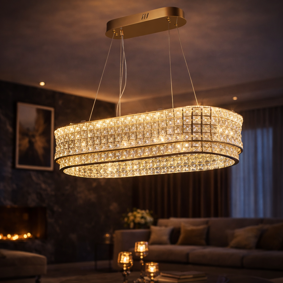 Lustre LED avec télécommande, LLC160/750X350GD, cristal et métal, 160 W, variable, hauteur réglable, lumière froide/chaude/neutre, éclairage luxueux