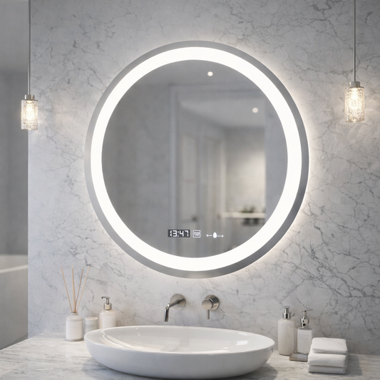 Miroir LED rond, diamètre 50 cm, Celeste MotionGlow Marcello, système anti-buée, horloge et thermomètre, intensité variable, lumière froide neutre et chaude 3000K/4000K/6000K