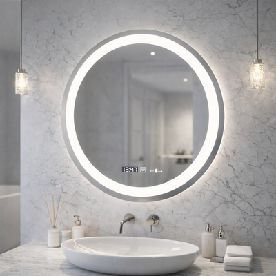 Miroir LED rond, 60 cm, Celeste MotionGlow Marcello, système anti-buée, horloge et thermomètre, intensité variable, lumière froide neutre et chaude 3000K/4000K/6000K